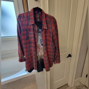 Gorgeous Designer Flannel with embroidery Bird Detail on back by Aratta. Size XL